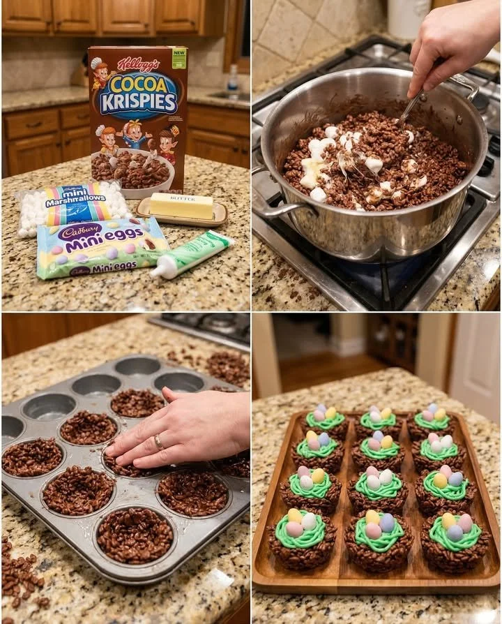Cocoa Krispie Bird's Nests dessert decorated with candy eggs