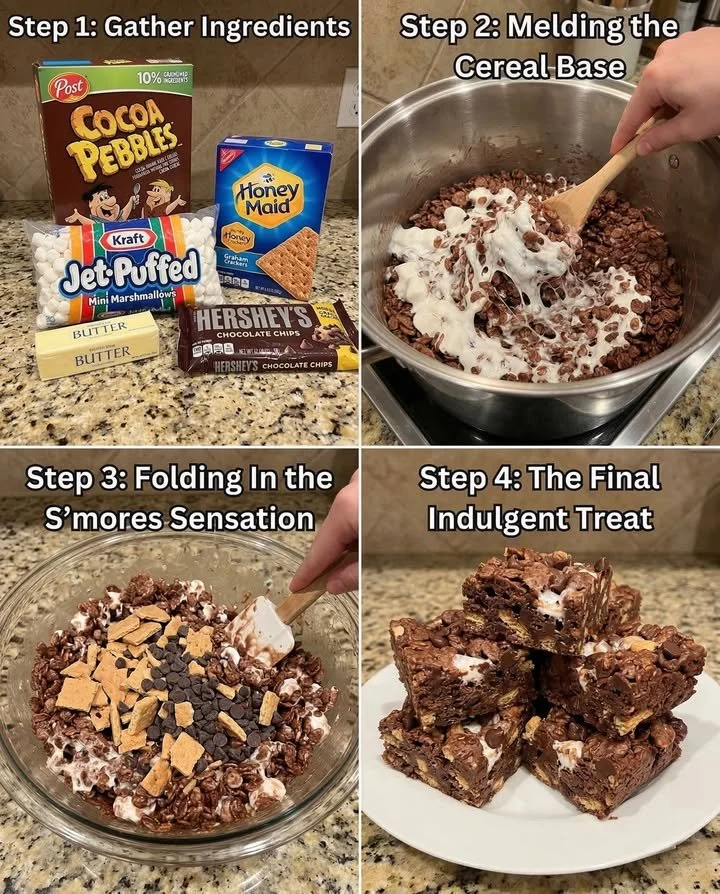 Delicious Cocoa Pebbles S'mores Bars with chocolate and marshmallows