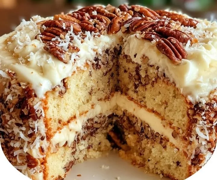 Slice of Coconut Pecan Buttermilk Cake with coconut flakes and pecans.