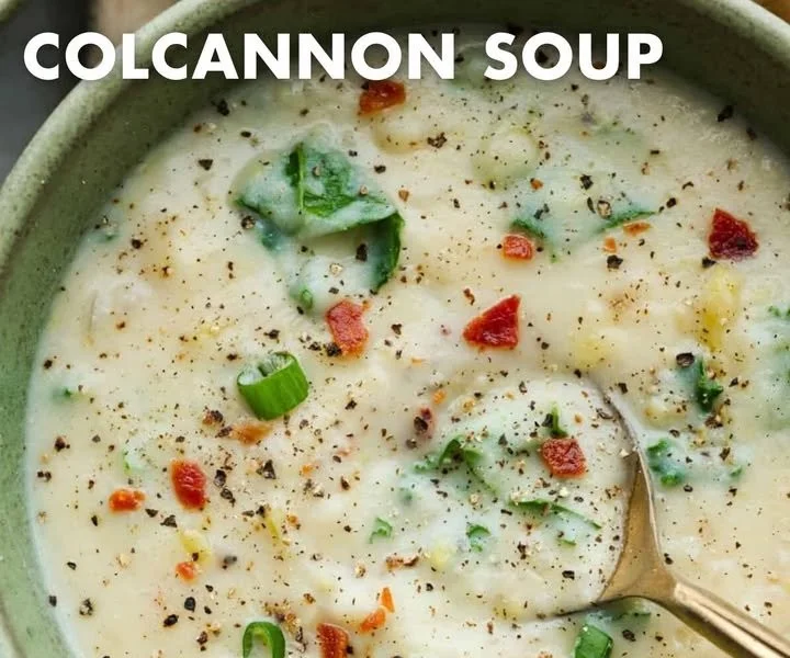 Delicious bowl of Colcannon Soup with potatoes and greens served hot