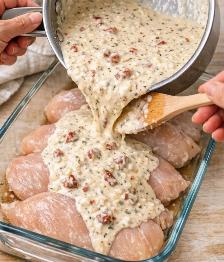 Delicious Comfort Chicken Casserole topped with cheese and herbs