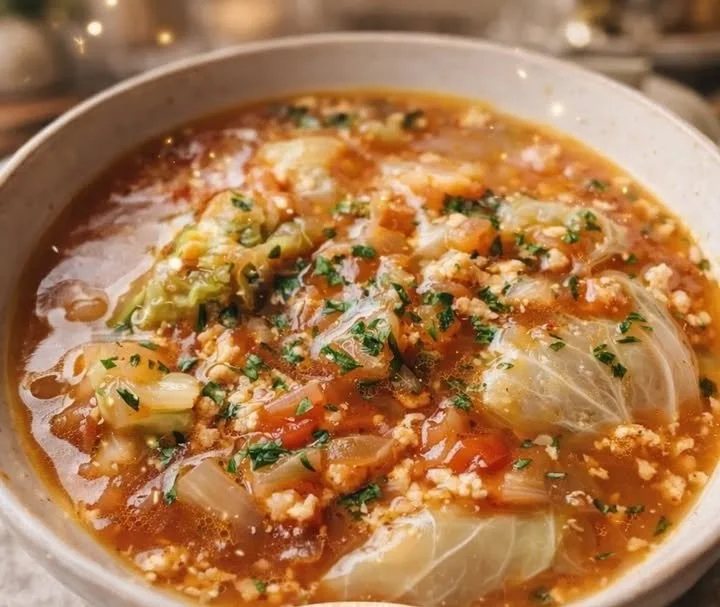 Bowl of comforting cabbage roll soup garnished with herbs and fresh vegetables.
