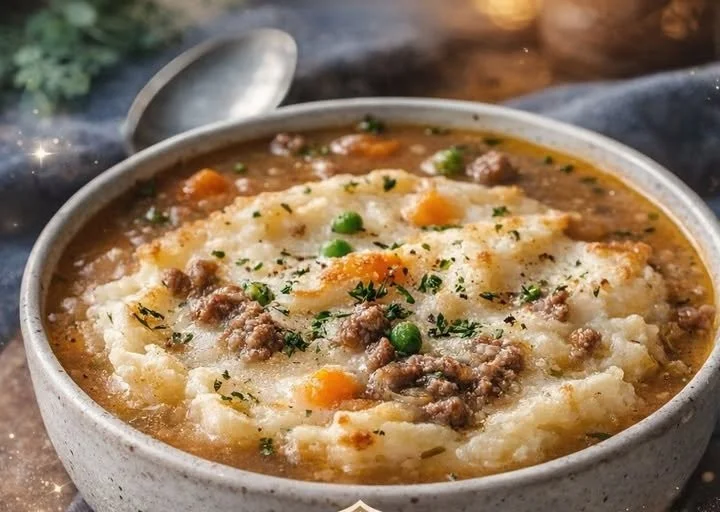 A bowl of comforting Shepherd's Pie Soup topped with herbs, showcasing vibrant ingredients.