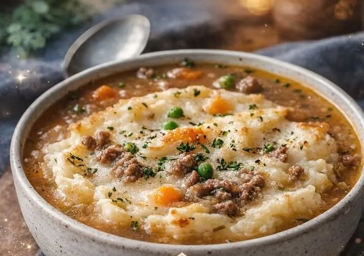 Bowl of comforting Shepherd's Pie Soup with ingredients like meat and vegetables.