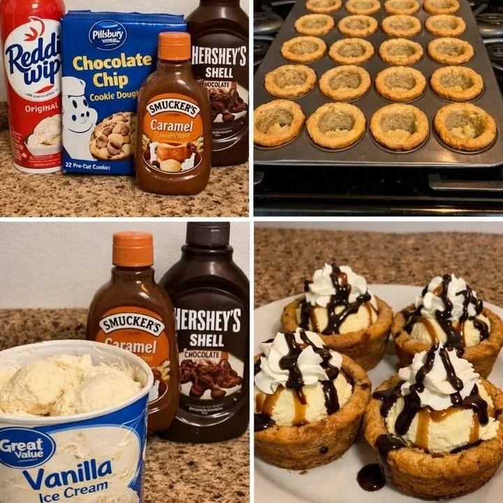 Delicious homemade cookie cups filled with various sweet treats.