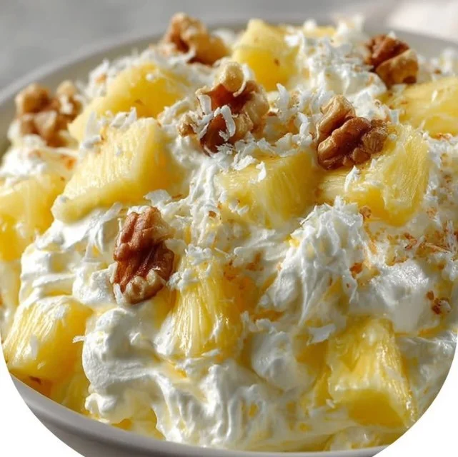 Delicious Cool Whip Pineapple Fluff dessert topped with pineapple chunks