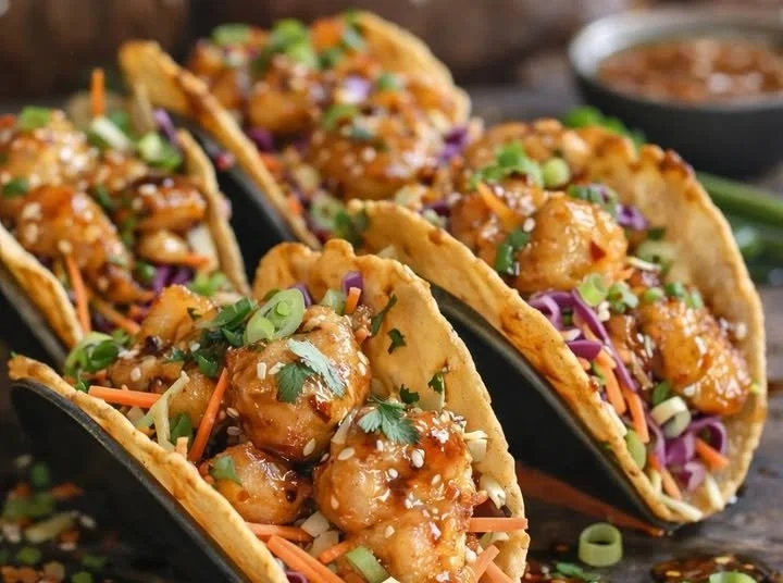 Copycat Applebee's Chicken Wonton Tacos served with dipping sauce