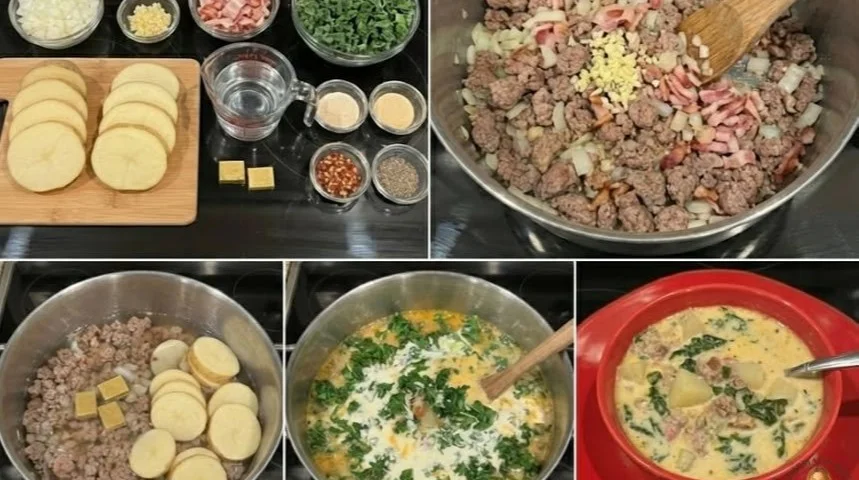 Delicious bowl of copycat Olive Garden Toscana Soup filled with veggies and sausage.