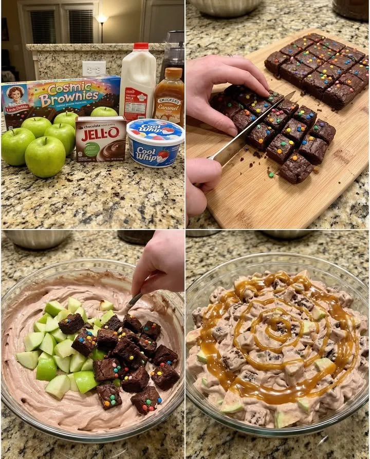 Delicious Cosmic Brownie Caramel Apple Salad with chocolate and caramel toppings