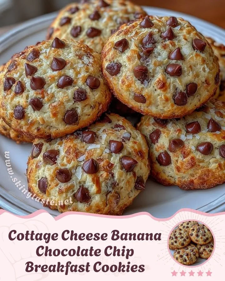 Delicious cottage cheese banana chocolate chip breakfast cookies on a plate.