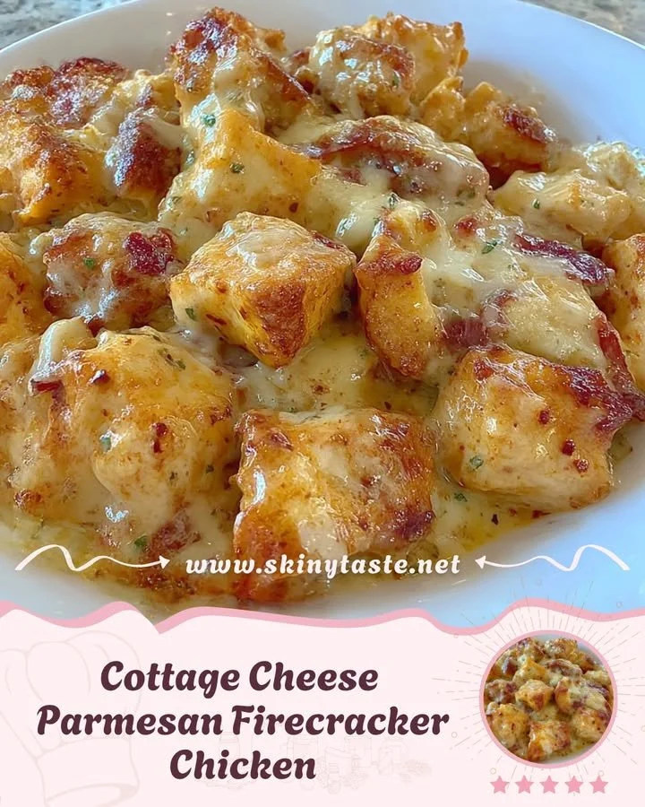 Cottage Cheese Parmesan Firecracker Chicken dish with spicy sauce and garnishes