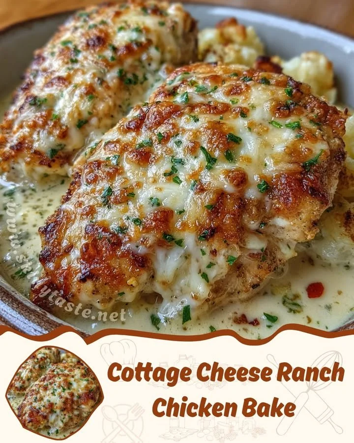 Baked Cottage Cheese Ranch Chicken served with herbs and spices.