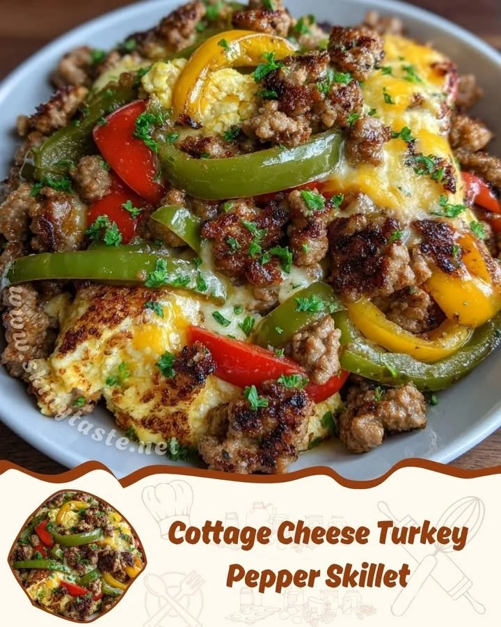 Cottage cheese turkey pepper skillet dish with colorful vegetables