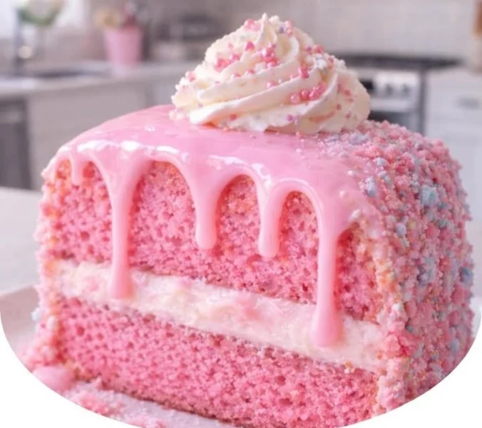 Slice of colorful cotton candy strawberry milk cake topped with cotton candy clouds