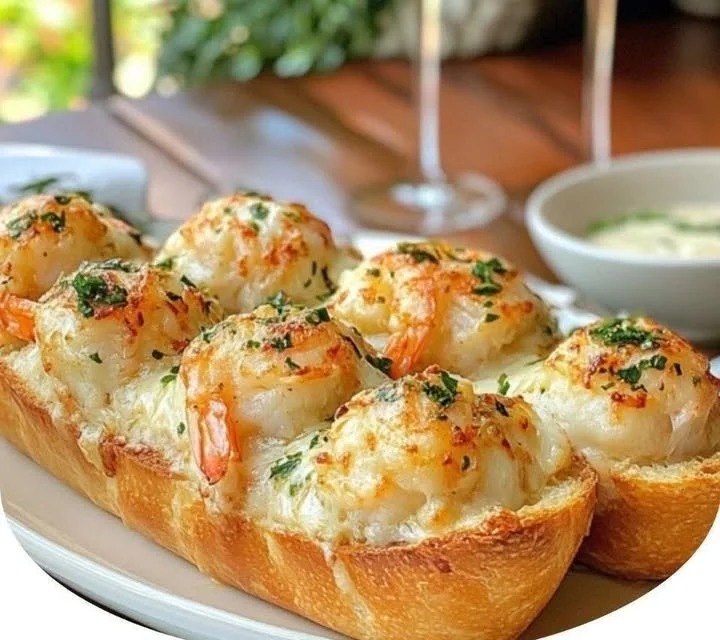 Crabby shrimp-stuffed garlic bread bombs, ready to devour with cheesy goodness.