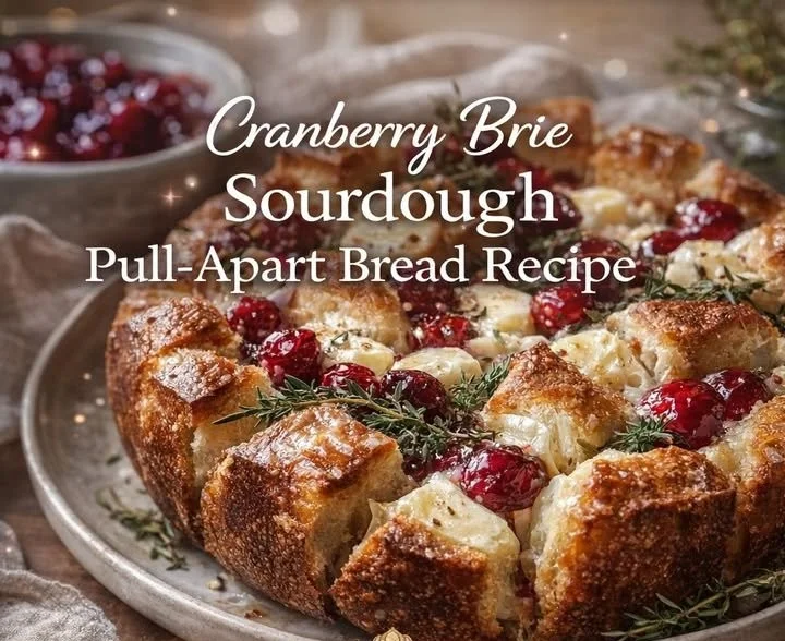 Cranberry Brie Sourdough Pull-Apart Bread served on a rustic wooden board.