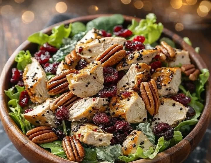 Bowl of Cranberry Pecan Chicken Salad with fresh greens and nuts