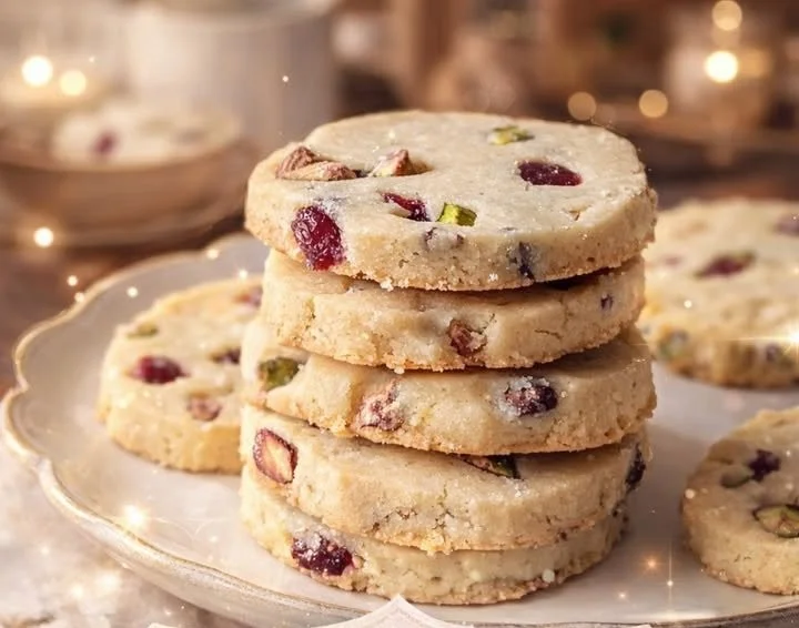 Cranberry Pistachio Shortbread Cookies on a plate with festive decorations