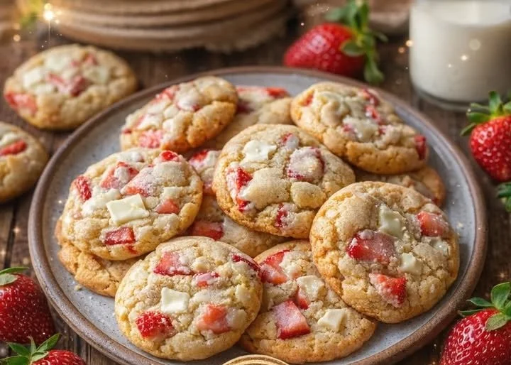 Delicious cream cheese strawberry cookies with fresh strawberries and cream.
