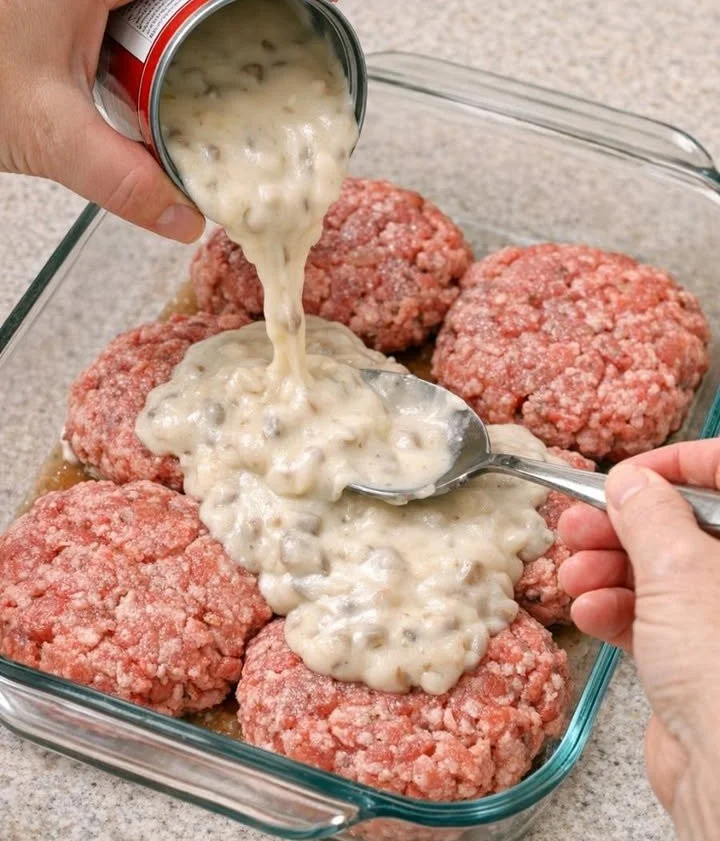 Cream of Mushroom Beef Patties served on a plate with garnish