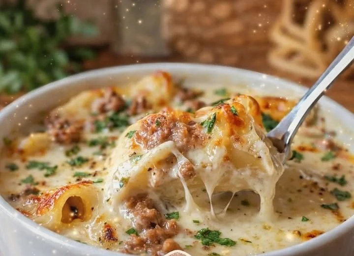 Bowl of creamy Alfredo lasagna soup topped with cheese and herbs