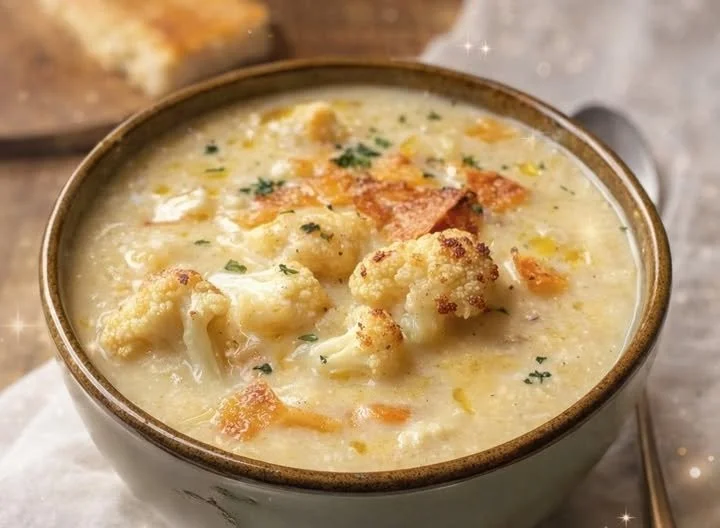 Creamy cheddar cauliflower soup garnished with herbs in a bowl