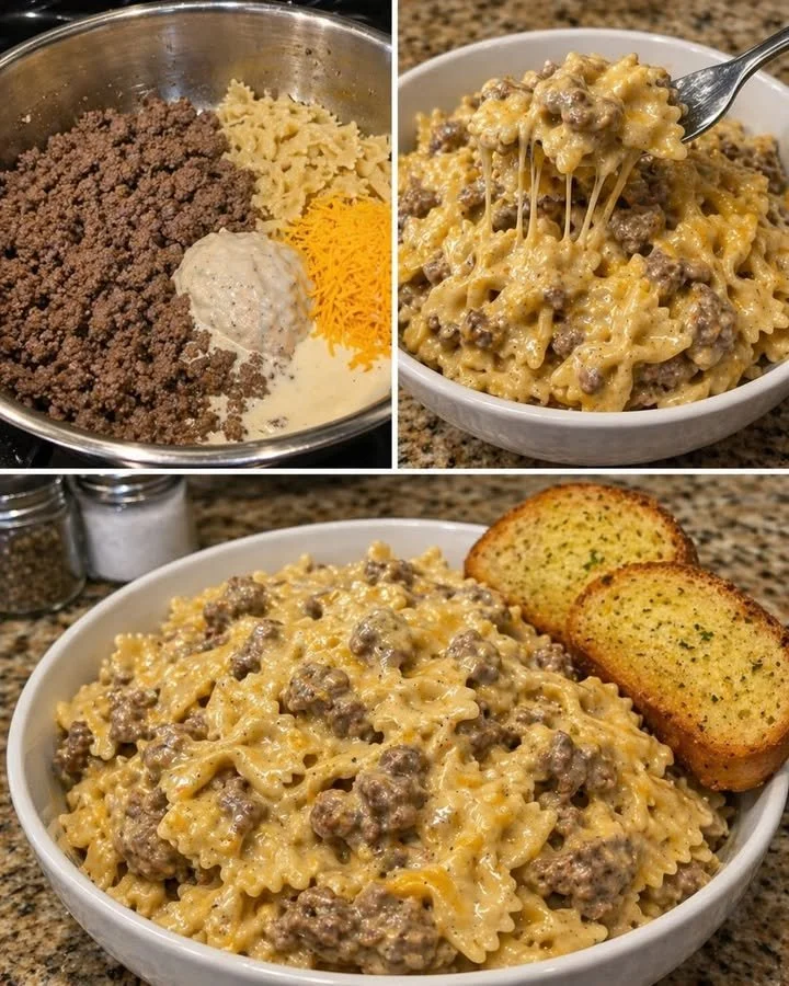 Creamy cheesy beef bowtie pasta dish on a plate garnished with herbs