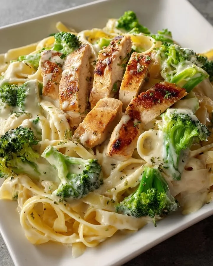 Creamy Chicken Alfredo fettuccine with broccoli served in a bowl
