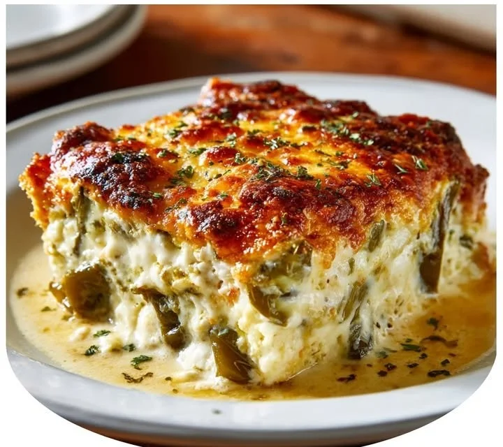 Delicious creamy Chile Relleno casserole topped with cheese and peppers