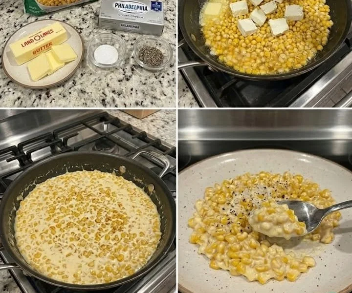 Creamy corn side dish served in a bowl, garnished with herbs.