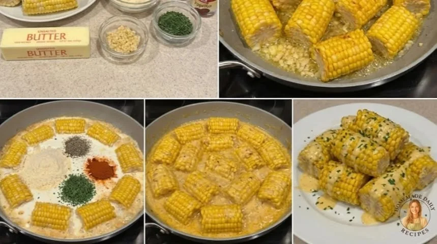 Creamy garlic butter corn on the cob served on a plate