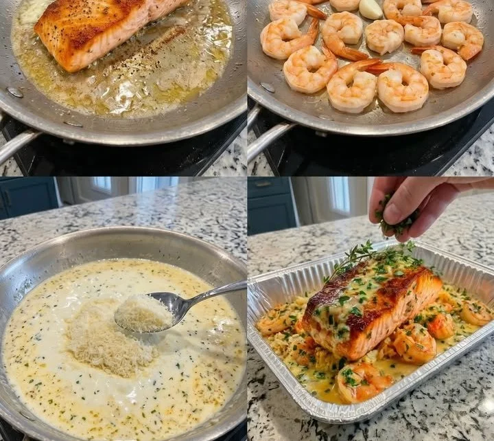 Delicious creamy garlic butter salmon with shrimp served on a plate
