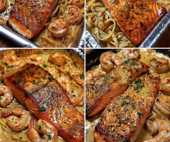 Creamy garlic butter shrimp and salmon dish garnished with herbs