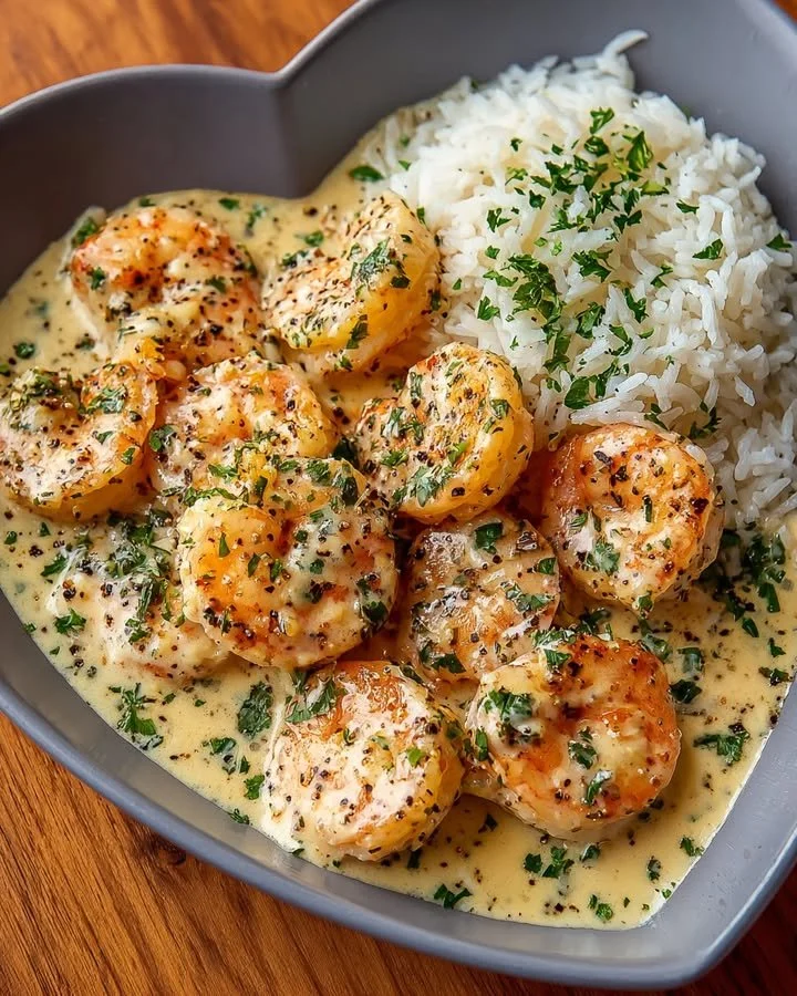 Creamy Garlic Butter Shrimp served with flavorful herb rice