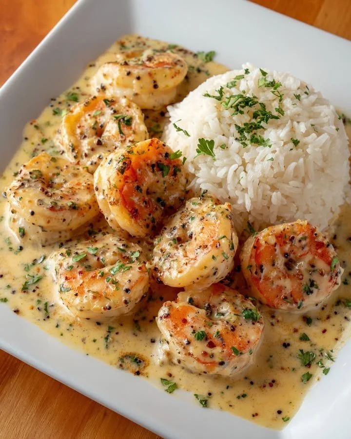 Creamy garlic butter shrimp served with herbed rice on a plate