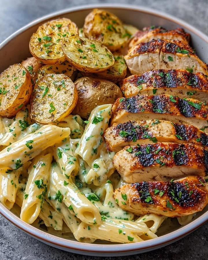 Creamy Garlic Herb Chicken served over crispy potato pasta in a bowl