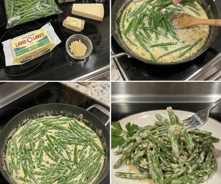 Creamy garlic parmesan green beans cooked with rich cheese and spices