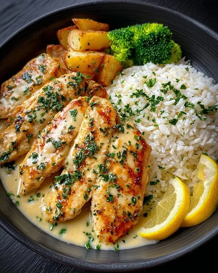 Creamy lemon chicken dish with herbed rice, crispy potatoes, and steamed broccoli