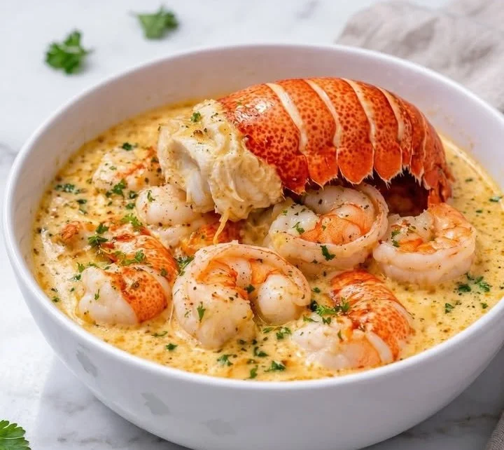 Delicious creamy lobster and shrimp bisque served in a bowl