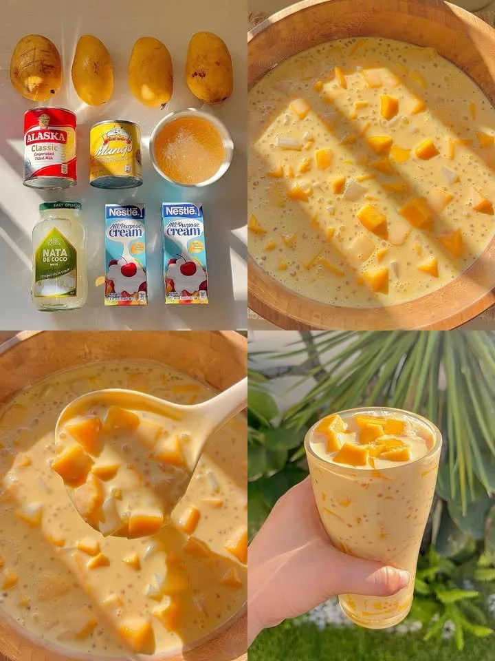 Creamy mango tapioca dessert with fresh mango chunks and tapioca pearls.