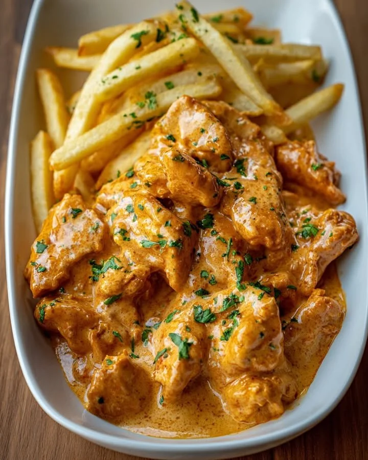 Creamy paprika chicken dish served with crispy golden fries