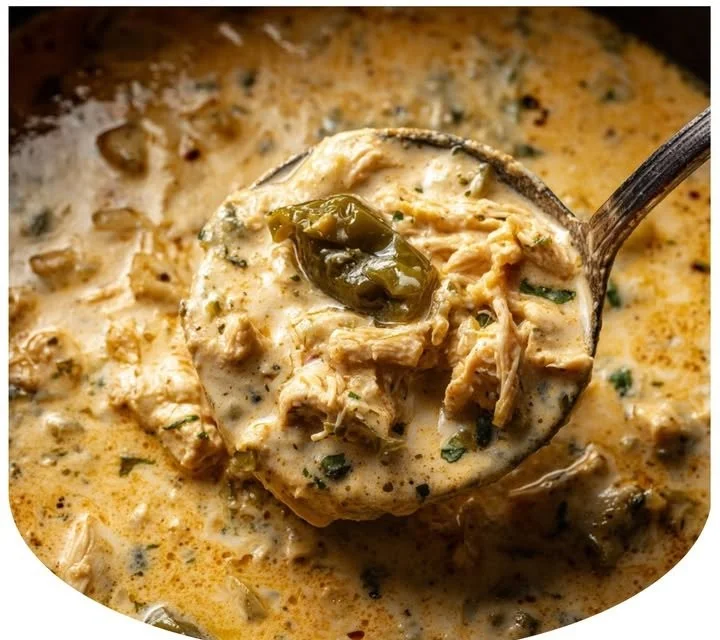 Bowl of creamy poblano chicken soup with stuffed peppers and fresh cilantro garnish.