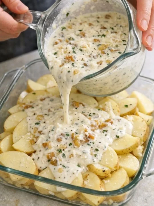 Delicious creamy potato bake topped with cheese and herbs