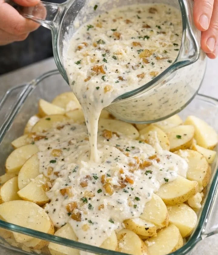 Creamy potato casserole topped with cheese and herbs in a baking dish