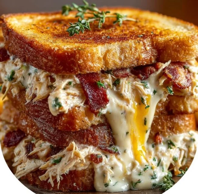 Creamy shredded chicken bacon ranch sandwich melt with crispy bacon and ranch dressing