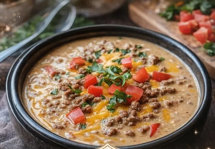 Creamy slow cooker cheeseburger soup in a bowl with toppings