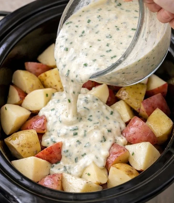 Creamy slow cooker potatoes dish garnished with herbs on a plate