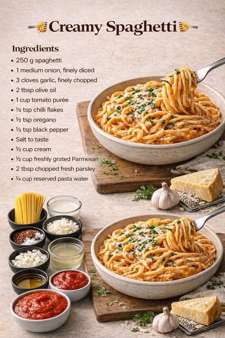 Delicious creamy spaghetti topped with parmesan and herbs on a white plate.