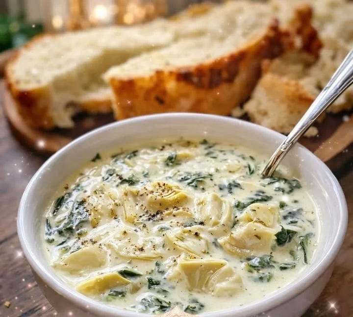 Bowl of creamy spinach artichoke soup with fresh herbs and bread