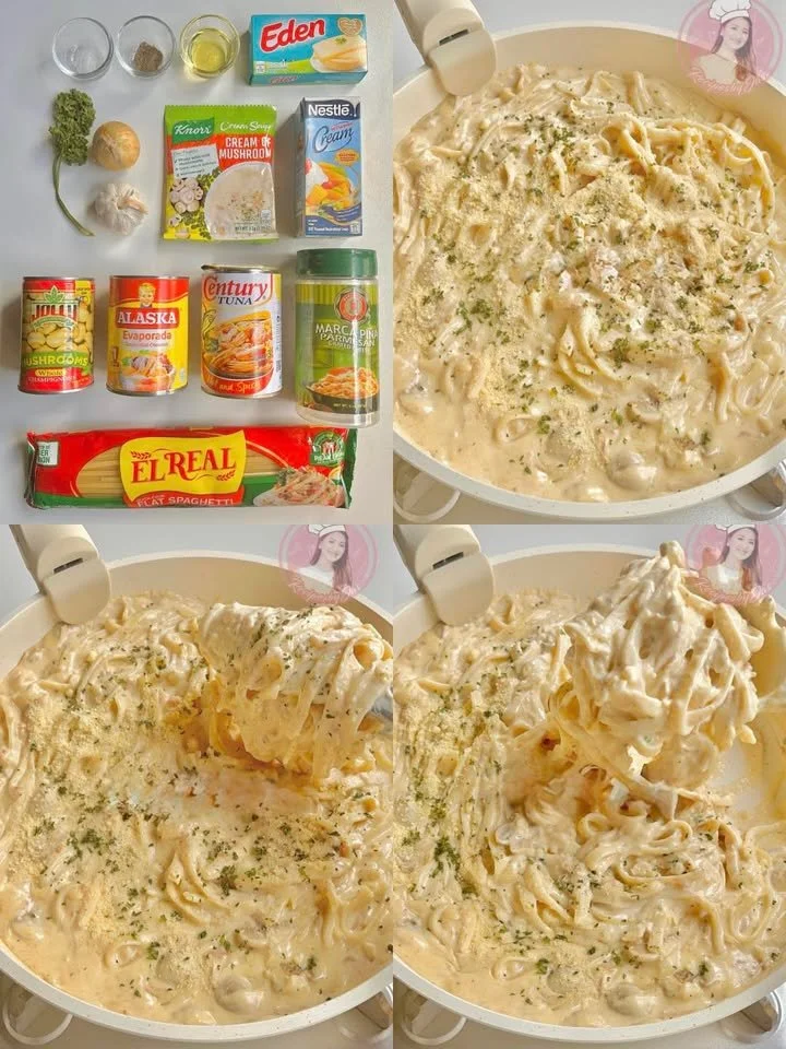 Creamy tuna pasta dish served in a bowl with herbs and spices